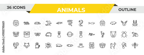 outline animals icons set - moray, lama, beaver. editable vector for web and mobile ui