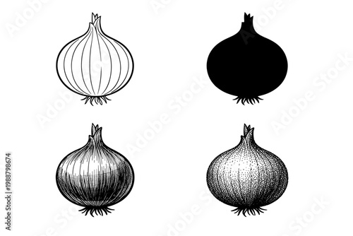 Set of four onion vegetable illustrations in diverse artistic styles featuring minimalist line art, solid black silhouette, detailed vintage woodcut engraving, and stippling dotwork technique.