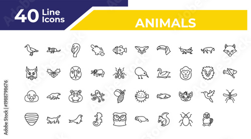outline animals icons set - pallas cat, snigir, clam. editable vector for web and mobile ui