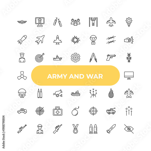 outline army and war icons set - lieutenant, two bullets, gun shooting. editable vector for web and mobile ui