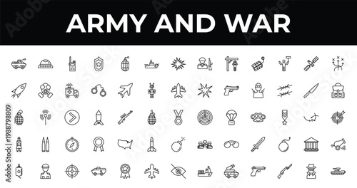 outline army and war icons set - warship, backpack, military vehicle. editable vector for web and mobile ui