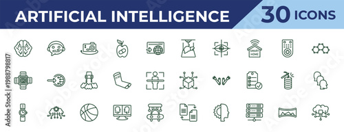 outline artificial intelligence icons set - organ printing, nano sensor, wristwatch. editable vector for web and mobile ui