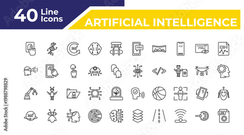 outline artificial intelligence icons set - view, mechanical arm, 360 degrees. editable vector for web and mobile ui