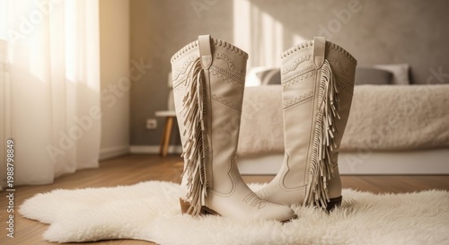 Pair of white leather cowboy boots with fringe standing on fluffy rug in bright bedroom. Western style women footwear for rustic farmhouse fashion look and stylish country outfit.