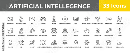 outline artificial intellegence icons set - mechanical arm, 3d, secure data. editable vector for web and mobile ui