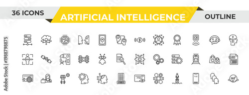 outline artificial intelligence icons set - wireless charging, robot assistant, solar energy car. editable vector for web and mobile ui