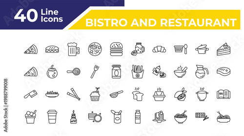 outline bistro and restaurant icons set - pepperoni pizza, butcher knife, ice cream cup. editable vector for web and mobile ui