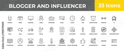 outline blogger and influencer icons set - gameplay, profile, counting. editable vector for web and mobile ui