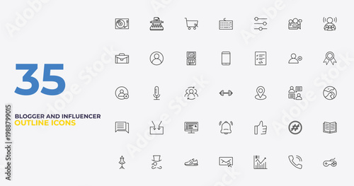 outline blogger and influencer icons set - mobile, like, gameplay. editable vector for web and mobile ui