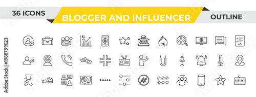 outline blogger and influencer icons set - copywriter, fame, conversation. editable vector for web and mobile ui