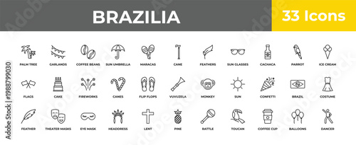 outline brazilia icons set - fireworks, theater masks, dancer. editable vector for web and mobile ui