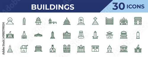 outline buildings icons set - islamic cemetery, embassy, buddist cemetery. editable vector for web and mobile ui