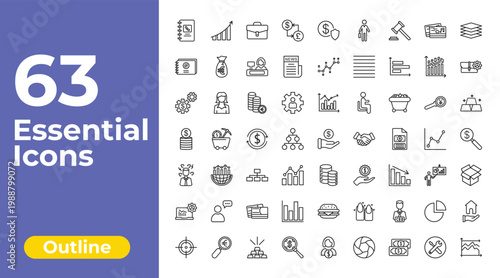 Quadro su tela outline business icons set - currencies, value pointer, home insurance