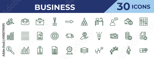outline business icons set - item connections, corporation, money finder. editable vector for web and mobile ui