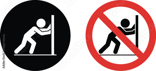 No pushing sign icons illustration, prohibition symbols with person pushing barrier in black and red warning styles for safety signage.