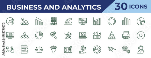 outline business and analytics icons set - stock market, bars graphic on screen, variety. editable vector for web and mobile ui