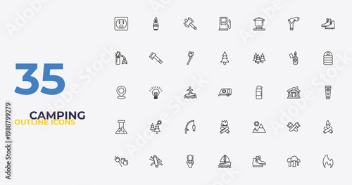 outline camping icons set - tree, mountain, gas. editable vector for web and mobile ui