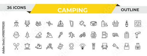 outline camping icons set - axes, flashlight, boot. editable vector for web and mobile ui