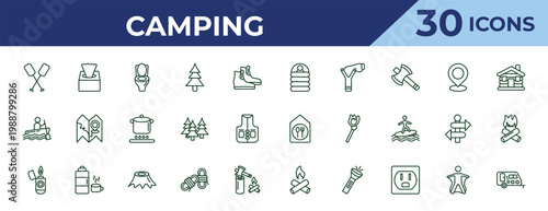 outline camping icons set - sleeping bag, rafting, lighter. editable vector for web and mobile ui