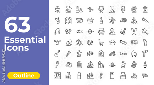 outline camping icons set - canoe, cooking gas, camping gas. editable vector for web and mobile ui