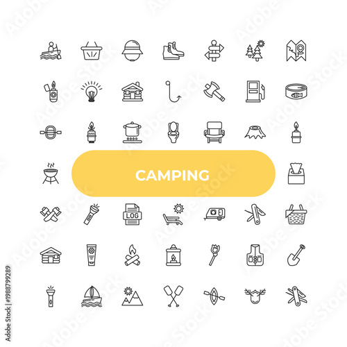 outline camping icons set - raft, flashlight, matches. editable vector for web and mobile ui