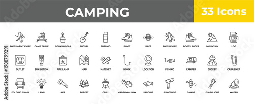 outline camping icons set - fire lamp, lamp, water. editable vector for web and mobile ui