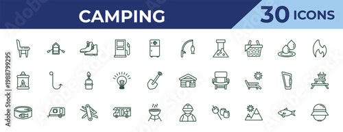 outline camping icons set - fishing rod, fire lamp, canned food. editable vector for web and mobile ui