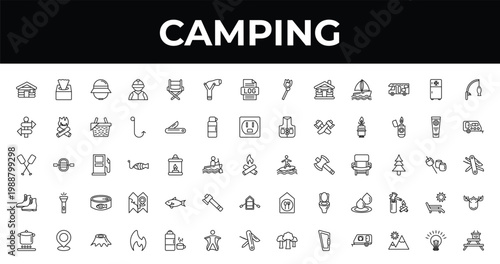outline camping icons set - slingshot, caravan, gas. editable vector for web and mobile ui