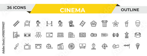 outline cinema icons set - filmstrip, buy tickets online, cinema curtain. editable vector for web and mobile ui