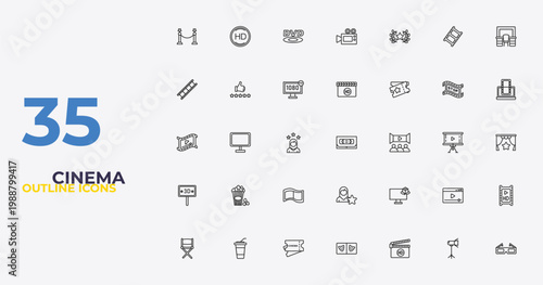 outline cinema icons set - movie film, 3d television, 3d paper glasses. editable vector for web and mobile ui