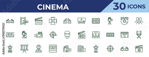 outline cinema icons set - movie player, inclined videocaste, trophy with a star. editable vector for web and mobile ui