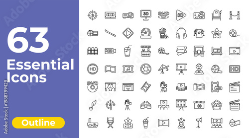 outline cinema icons set - 3 dimension screen, popcorn box, movie clapper. editable vector for web and mobile ui