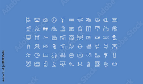 outline cinema icons set - tickets, 1080p full hd, 4k fullhd. editable vector for web and mobile ui