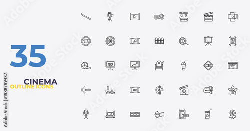 outline cinema icons set - theatre seats, plus 18 movie, award. editable vector for web and mobile ui