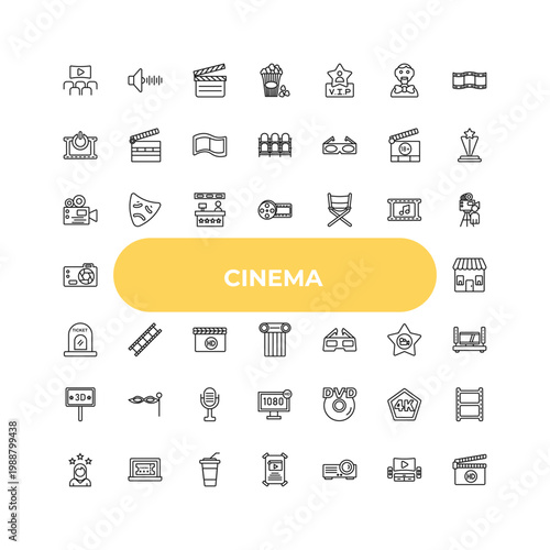 outline cinema icons set - film viewer, film strip black, hd dvd. editable vector for web and mobile ui