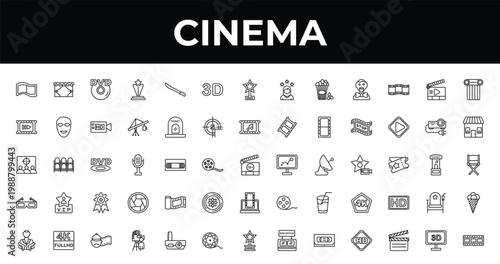 outline cinema icons set - 3d text, ticket office, cameraman. editable vector for web and mobile ui