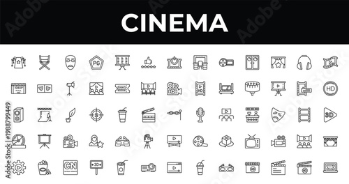 outline cinema icons set - thumb up with star, hd, movie billboard. editable vector for web and mobile ui