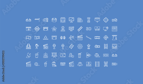 outline cinema icons set - footage, 1080p hd tv, film roll side view. editable vector for web and mobile ui