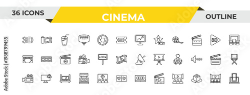 outline cinema icons set - animation, movie billboard, home cinema. editable vector for web and mobile ui