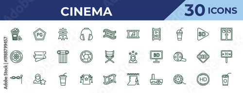 outline cinema icons set - soundtrack, round carpet, small carnival mask. editable vector for web and mobile ui