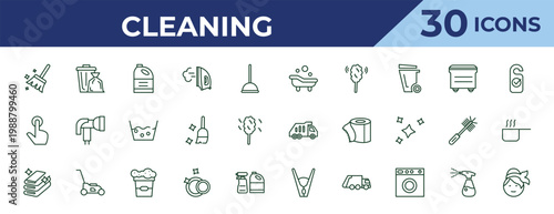 outline cleaning icons set - bathtub cleaning, tap, clothes cleaning. editable vector for web and mobile ui