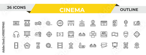 outline cinema icons set - vip person, solid, ticket window. editable vector for web and mobile ui