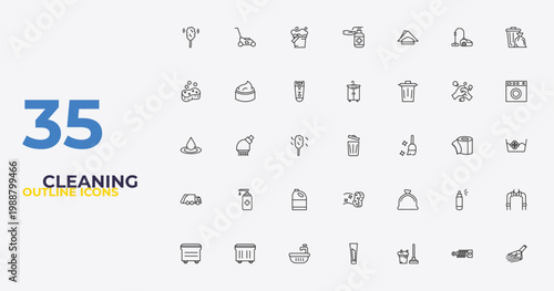 outline cleaning icons set - sink, trash bag, carpet cleaning. editable vector for web and mobile ui
