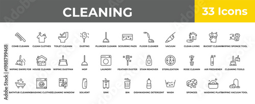 outline cleaning icons set - wiping dustpan, washing clothes, wiping vacuum tool. editable vector for web and mobile ui