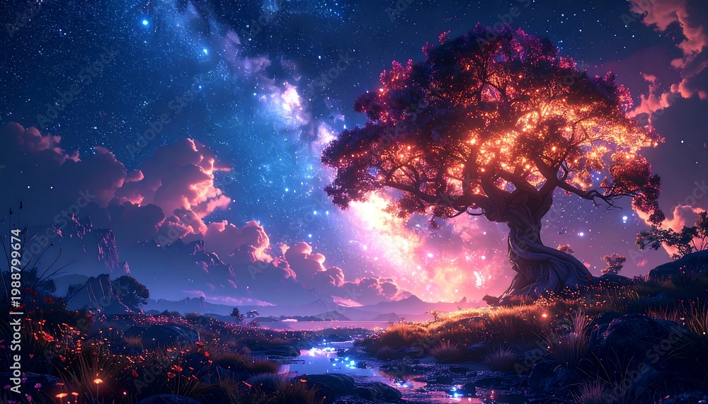 Fototapeta premium Glowing Ancient Tree Under Cosmic Nebula Night Sky.