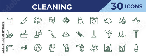 outline cleaning icons set - states of matter, vacuum cleanin, cleaner. editable vector for web and mobile ui