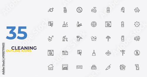 outline cleaning icons set - sterilization, emulsion, wiping sprayer. editable vector for web and mobile ui