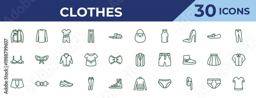 outline clothes icons set - bucket bag, bra, boxers. editable vector for web and mobile ui