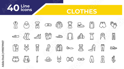 outline clothes icons set - loafer, chemise, short. editable vector for web and mobile ui