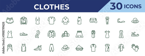 outline clothes icons set - sleeveless shirt, nightwear, ushanka. editable vector for web and mobile ui